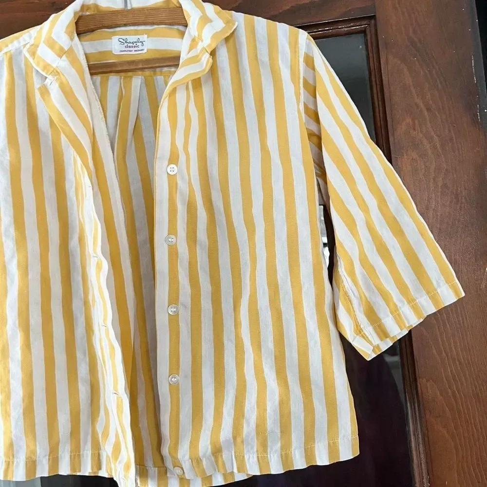 Vintage 60s Cute Retro Minimal Striped Yellow White Top XS Small Womens